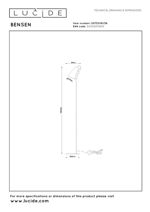 Lucide BENSEN - Lampadaire - 1xE14 - Gris - technique